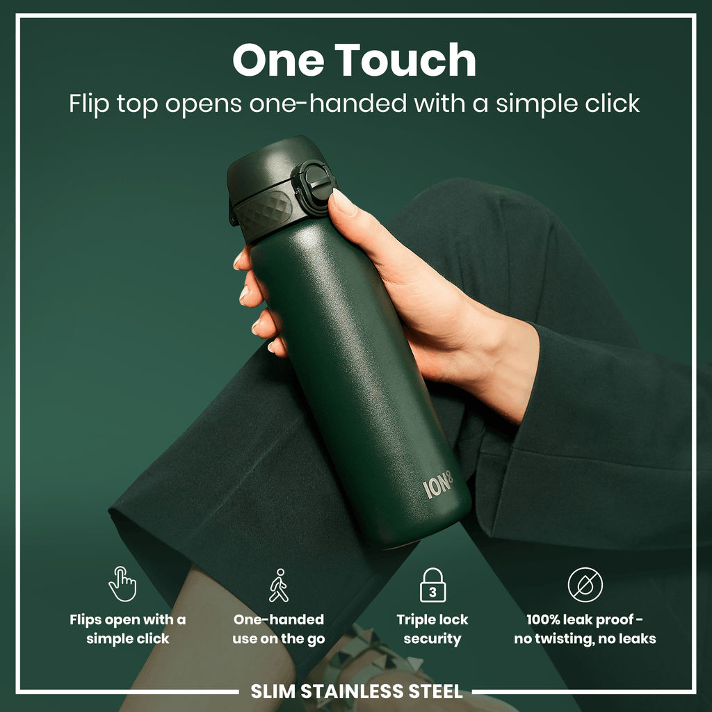 Leak Proof Slim Water Bottle, Stainless Steel, Dark Green, 600ml (20oz)