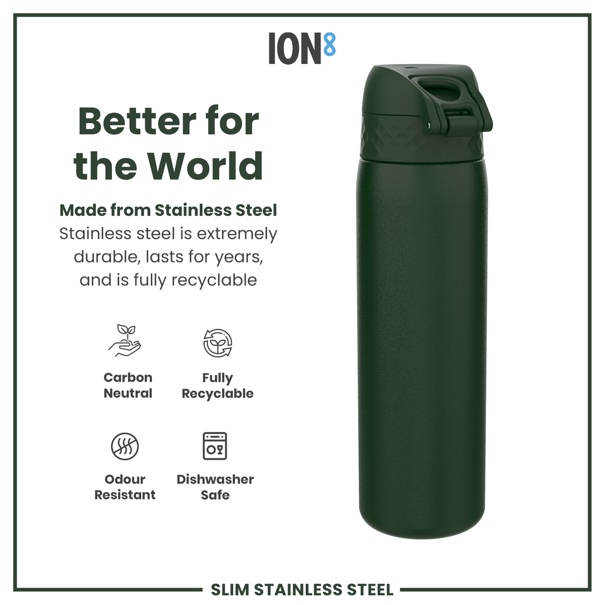 Leak Proof Slim Water Bottle, Stainless Steel, Dark Green, 600ml (20oz)