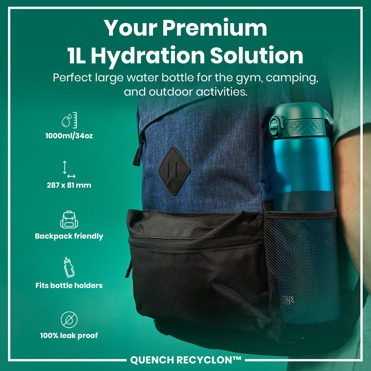 Leak Proof 1 litre Water Bottle, Recyclon, Aqua, 1L
