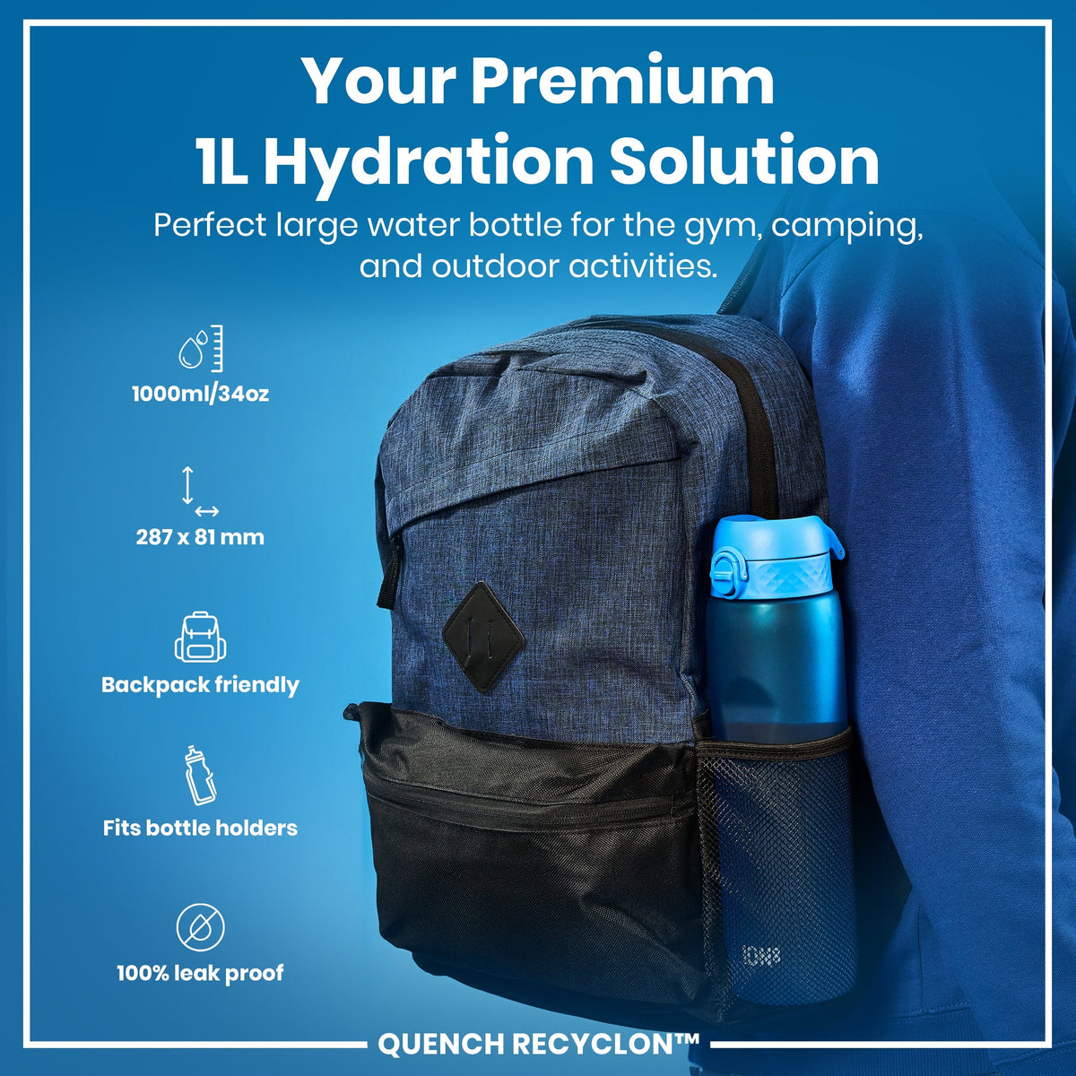 Leak Proof 1 litre Water Bottle, Recyclon, Blue, 1L