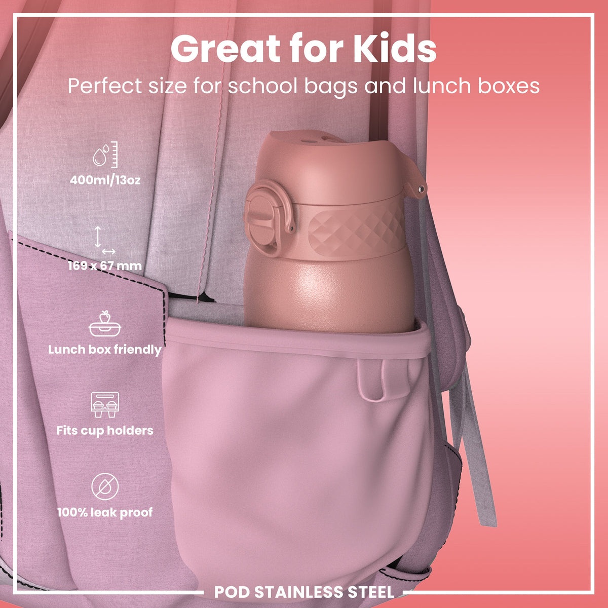 Leak Proof Kids Water Bottle, Stainless Steel, Ash Rose, 400ml (13oz)