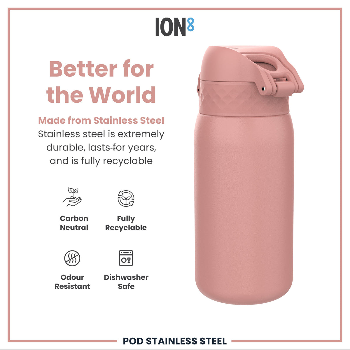 Leak Proof Kids Water Bottle, Stainless Steel, Ash Rose, 400ml (13oz)