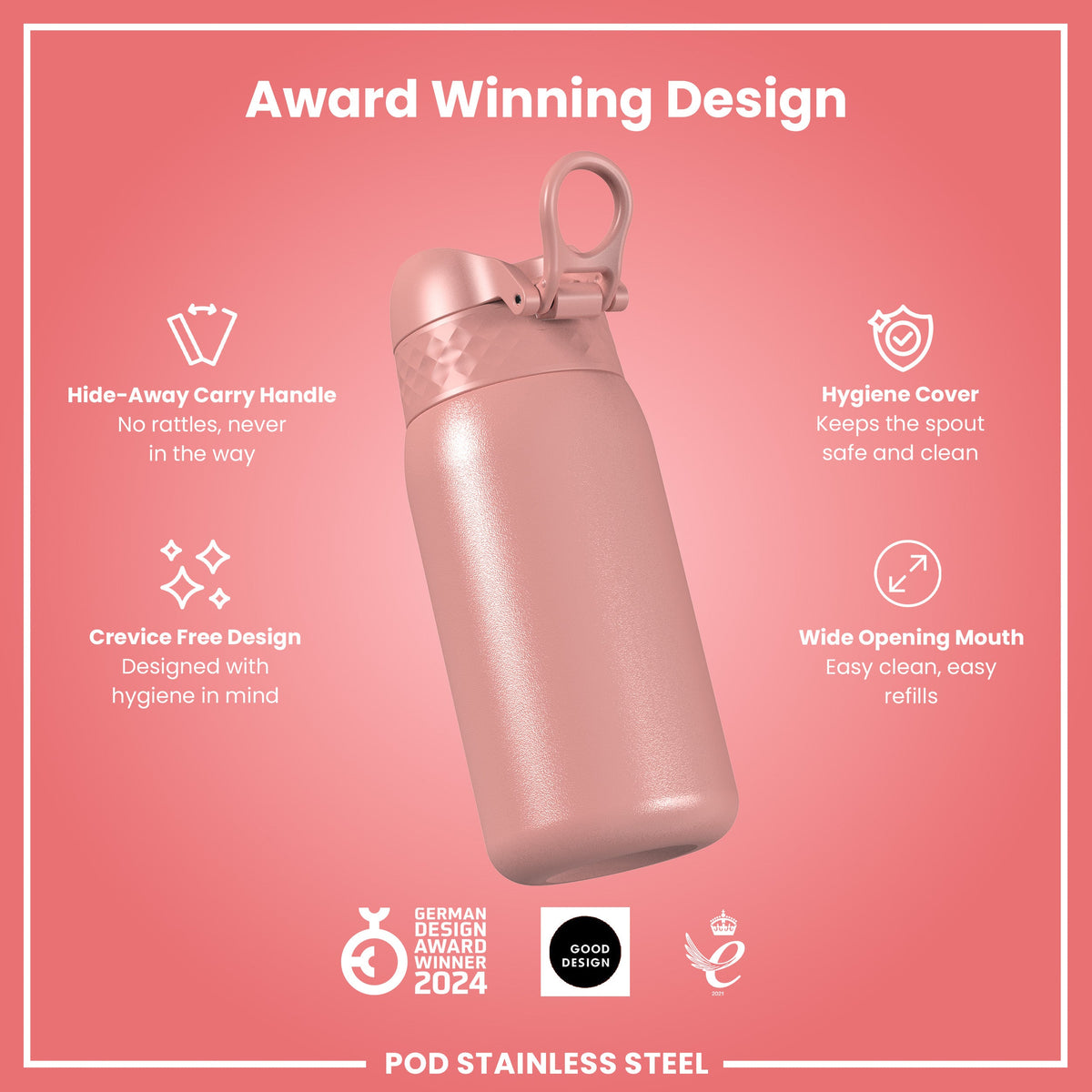 Leak Proof Kids Water Bottle, Stainless Steel, Ash Rose, 400ml (13oz)