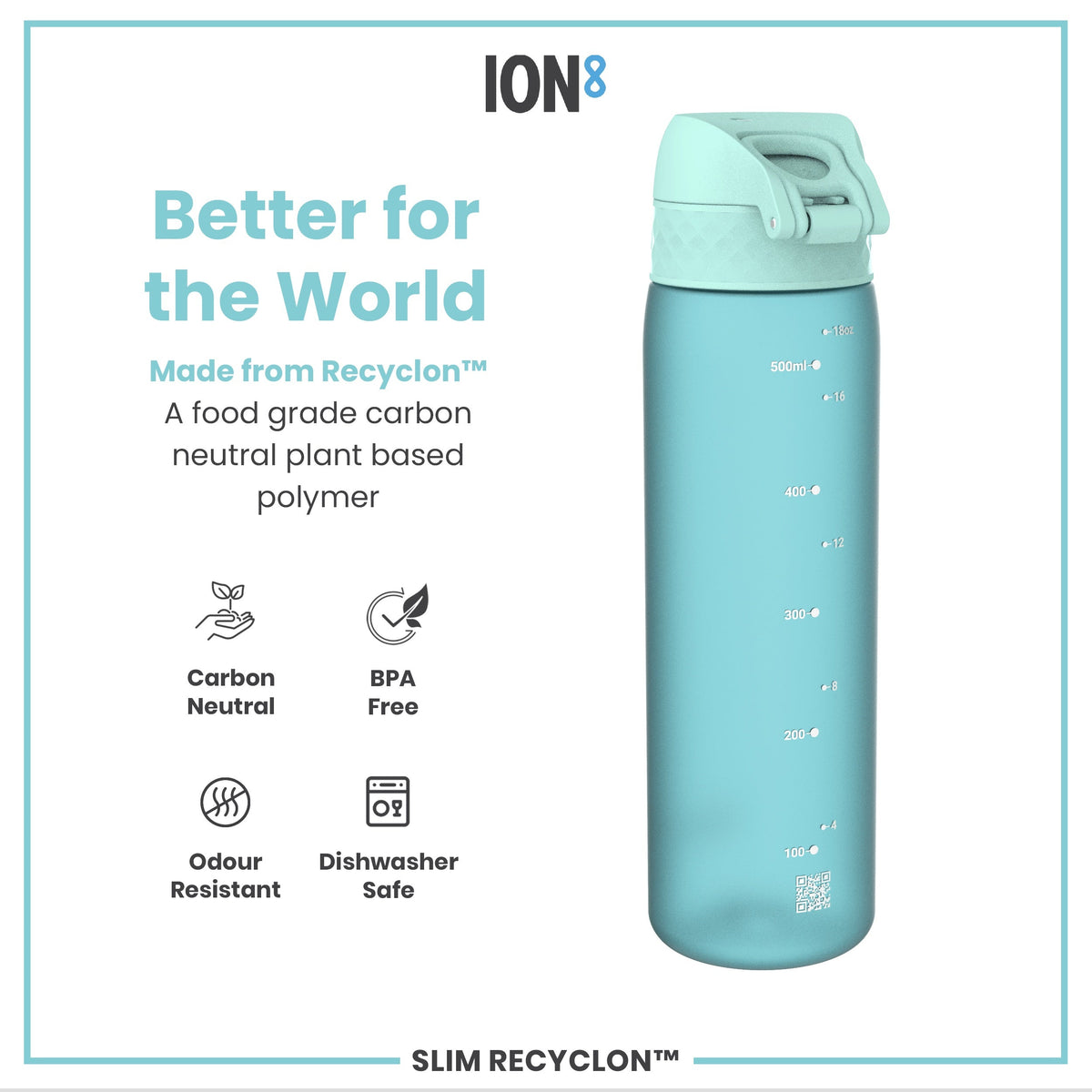 Leak Proof Slim Water Bottle, Recyclon, Sonic Blue, 500ml (18oz)