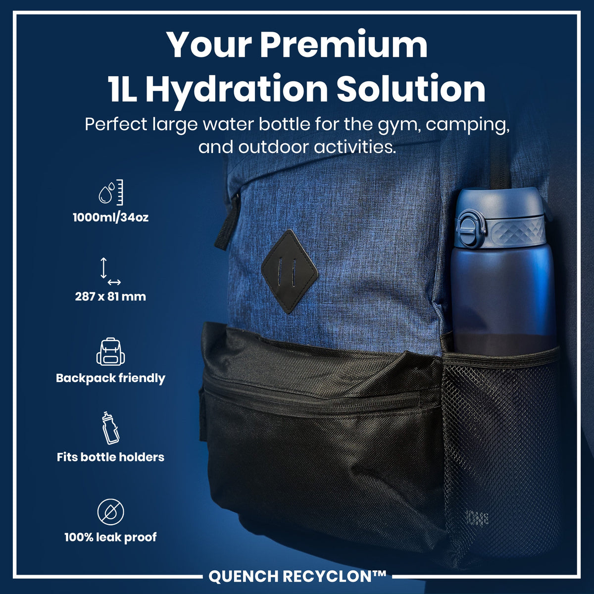 Leak Proof 1 litre Water Bottle, Recyclon, Navy, 1L