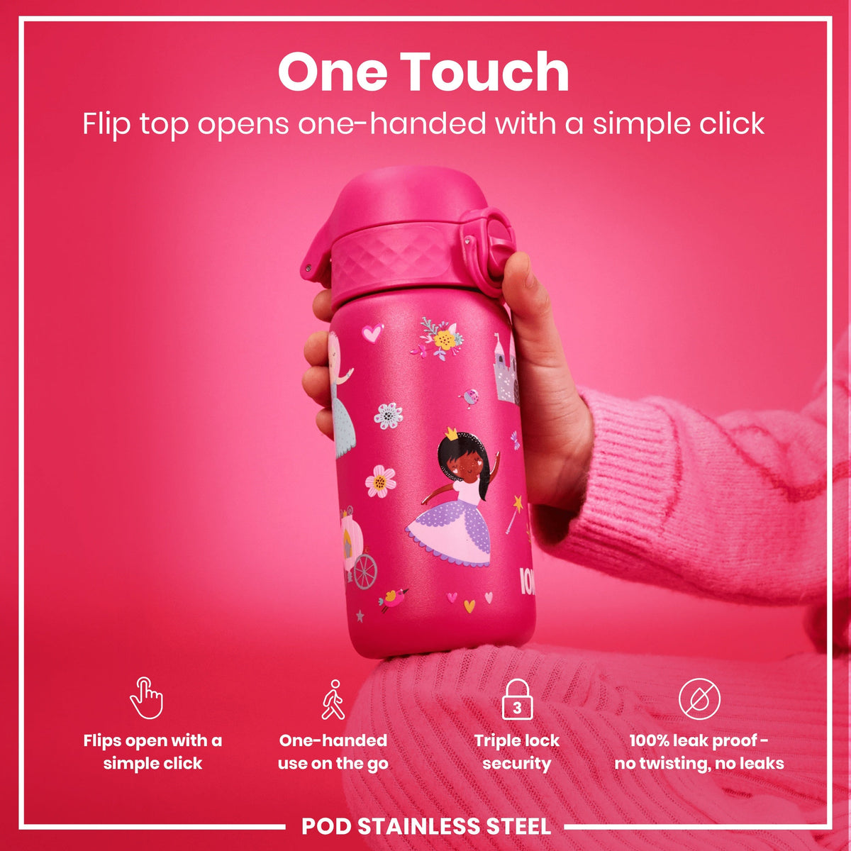 Leak Proof Kids Water Bottle, Stainless Steel, Princess, 400ml (13oz)