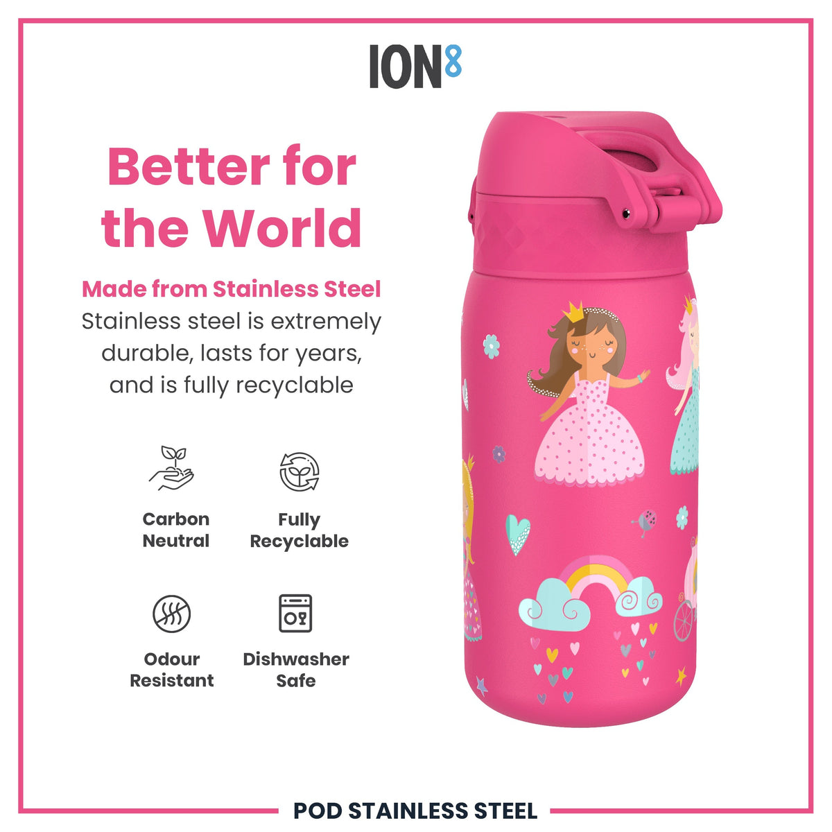Leak Proof Kids Water Bottle, Stainless Steel, Princess, 400ml (13oz)