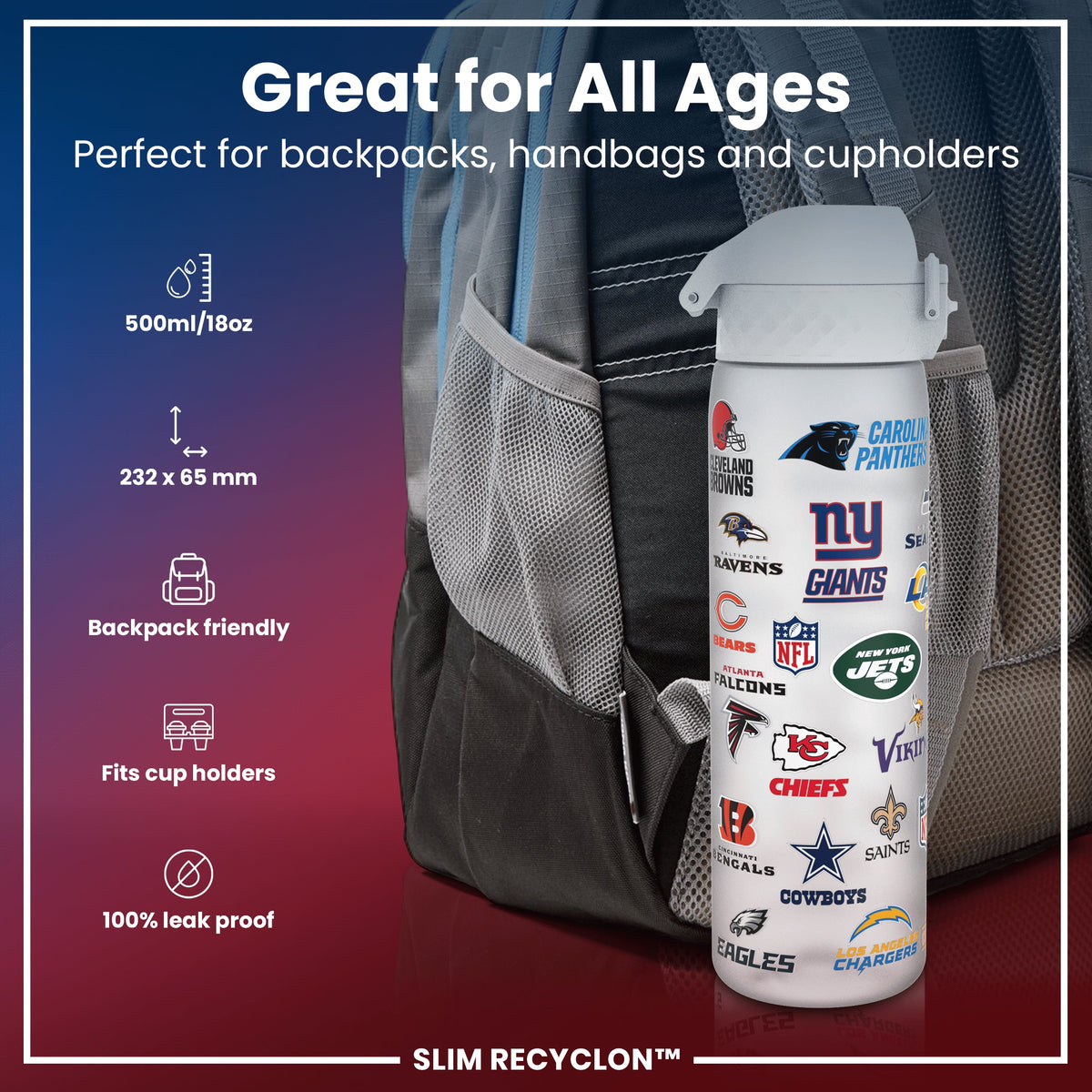 Leak Proof NFL Water Bottle, Recyclon, Multi Teams, 500ml (18oz)