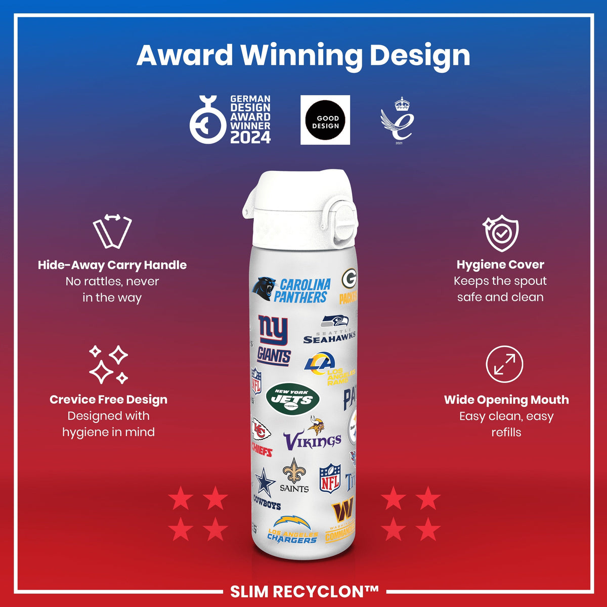 Leak Proof NFL Water Bottle, Recyclon, Multi Teams, 500ml (18oz)