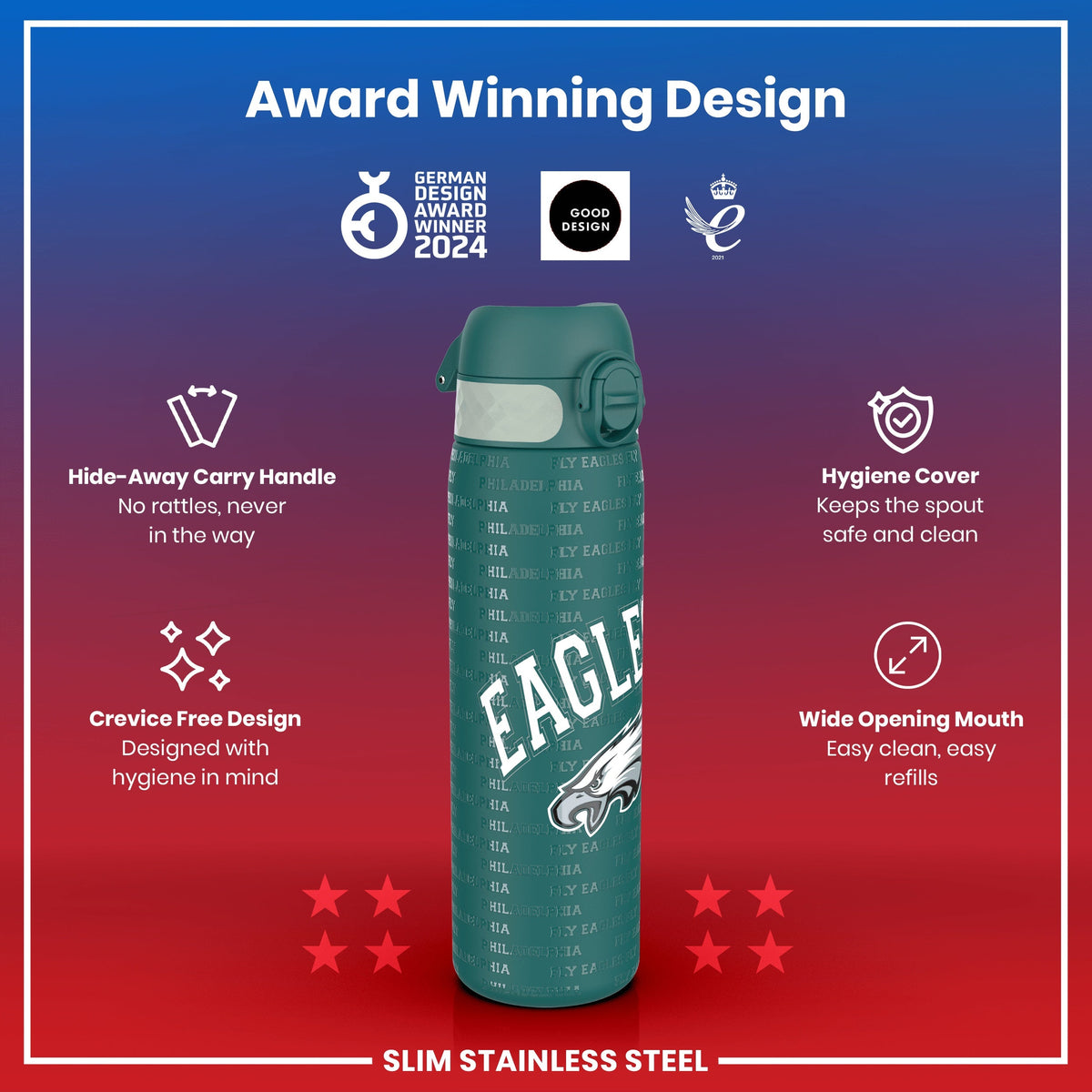 Leak Proof NFL Water Bottle, Stainless Steel, Philadelphia Eagles, 600ml (20oz)