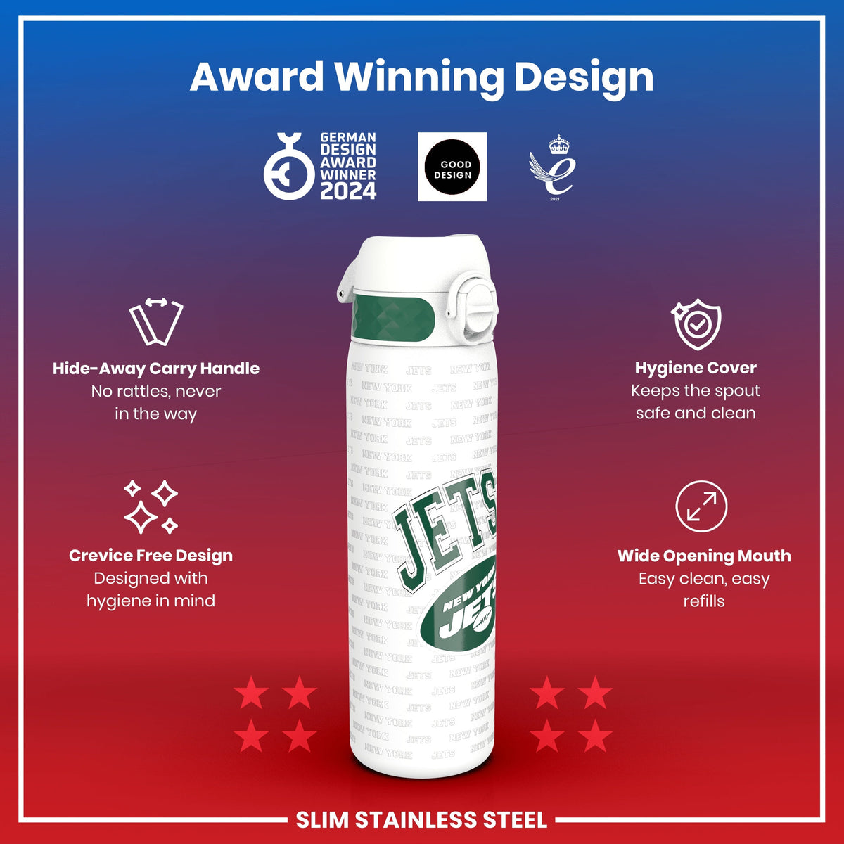 Leak Proof NFL Water Bottle, Stainless Steel, New York Jets, 600ml (20oz)