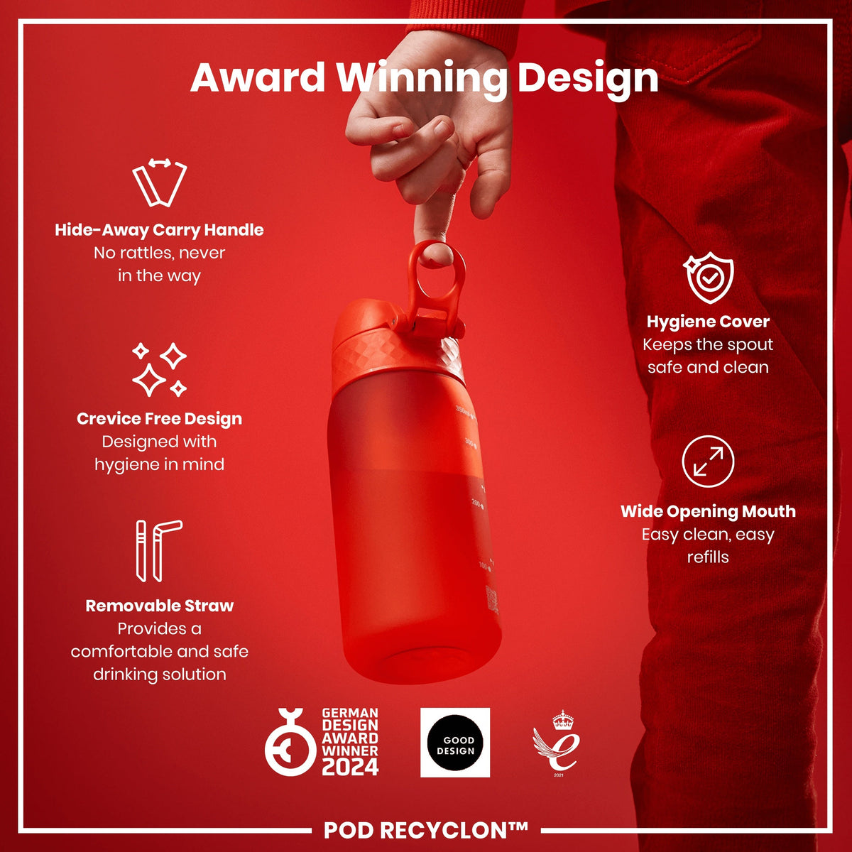 Leak Proof Small Water Bottle With Straw, Recyclon, Red, 350ml (12oz)