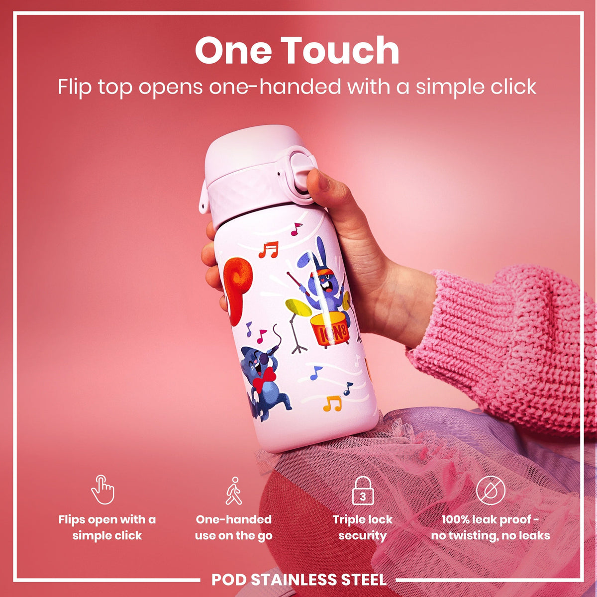 Leak Proof Kids Water Bottle, Stainless Steel, Animal Band, 400ml (13oz)