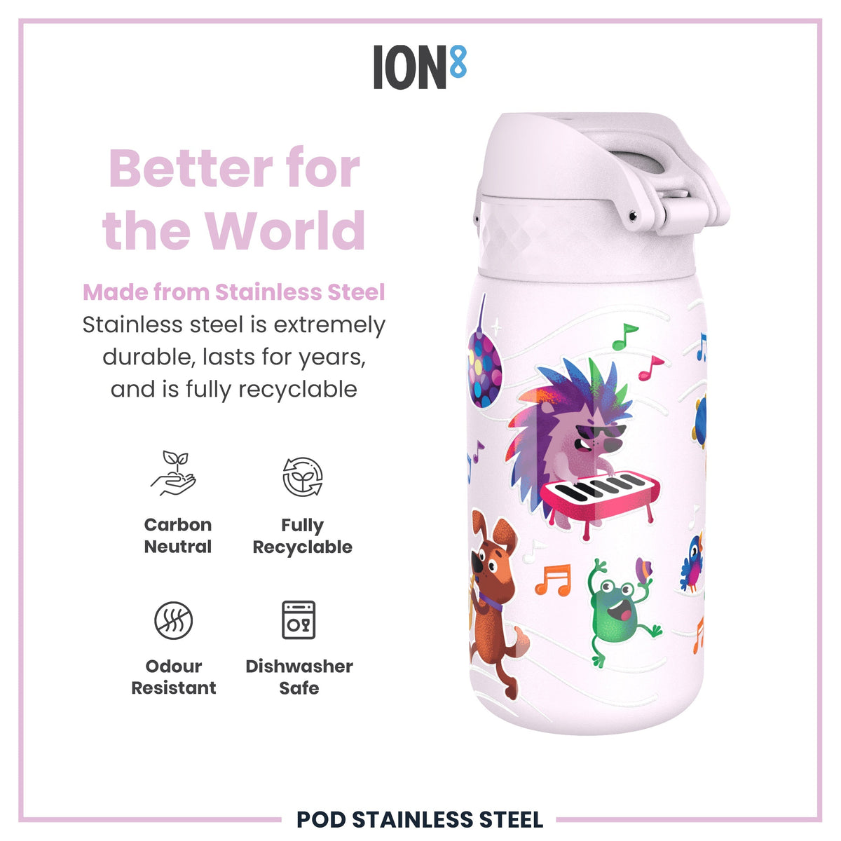 Leak Proof Kids Water Bottle, Stainless Steel, Animal Band, 400ml (13oz)