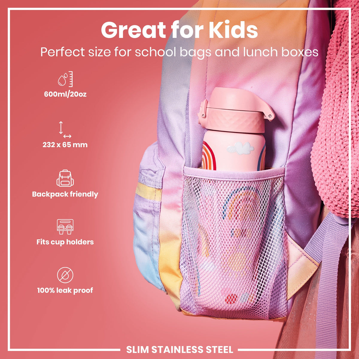 Leak Proof Slim Water Bottle, Stainless Steel, Rainbows, 600ml (20oz)