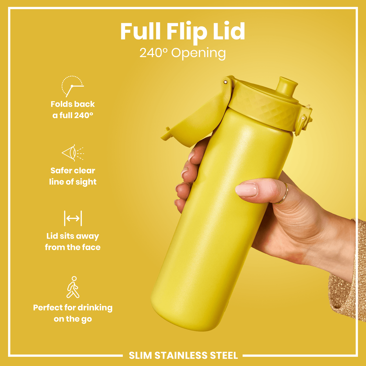 Leak Proof Slim Water Bottle, Stainless Steel, Yellow, 600ml (20oz)