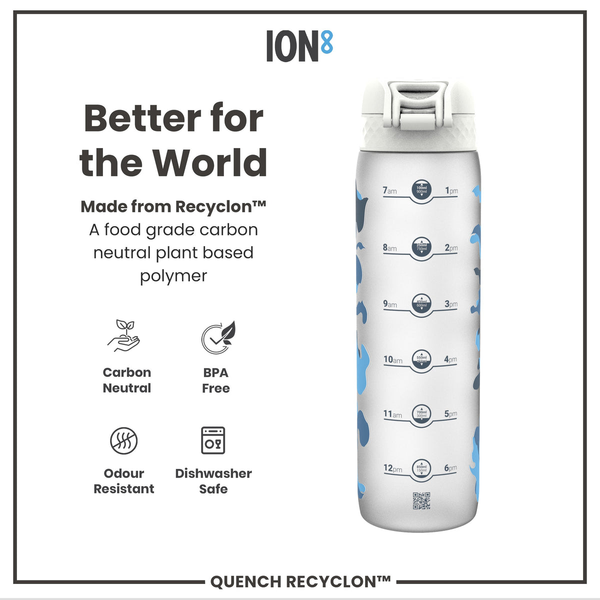 Leak Proof 1 Litre Water Bottle with Times to Drink, Recyclon, Camouflage, 1L