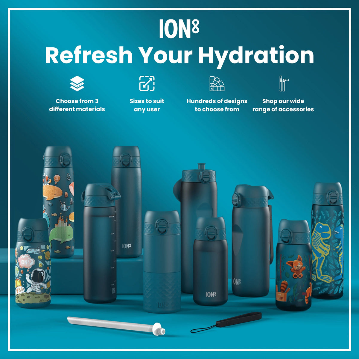 Leak Proof Slim Water Bottle, Stainless Steel, Whales, 600ml (20oz)