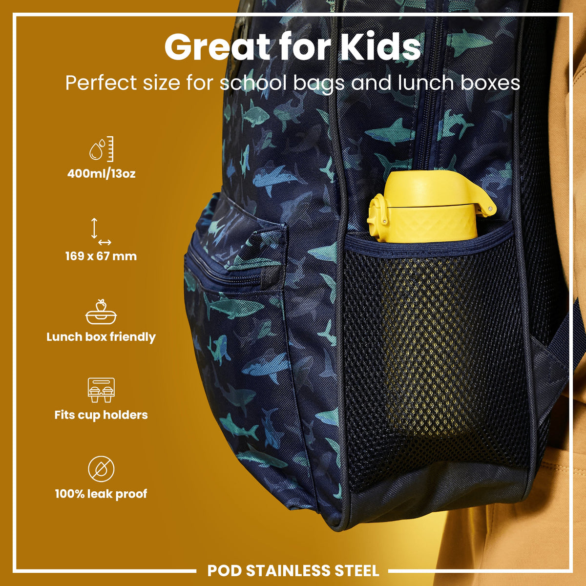 Leak Proof Kids Water Bottle, Stainless Steel, Yellow, 400ml (13oz)