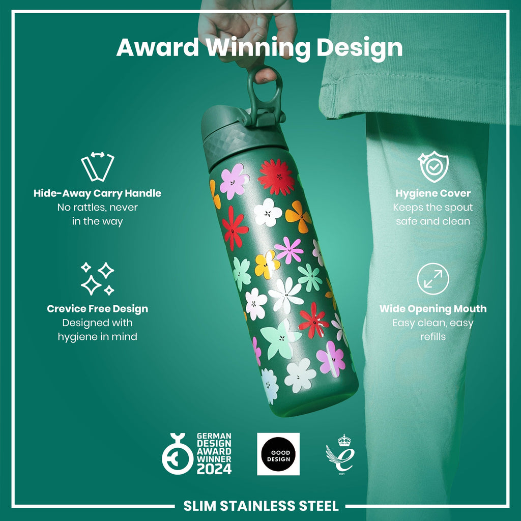 Leak Proof Slim Water Bottle, Stainless Steel, Floral, 600ml (20oz)