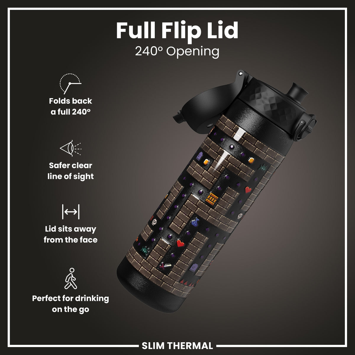 Leak Proof Slim Thermal Water Bottle, Insulated Steel, Gamer, 500ml (17oz)