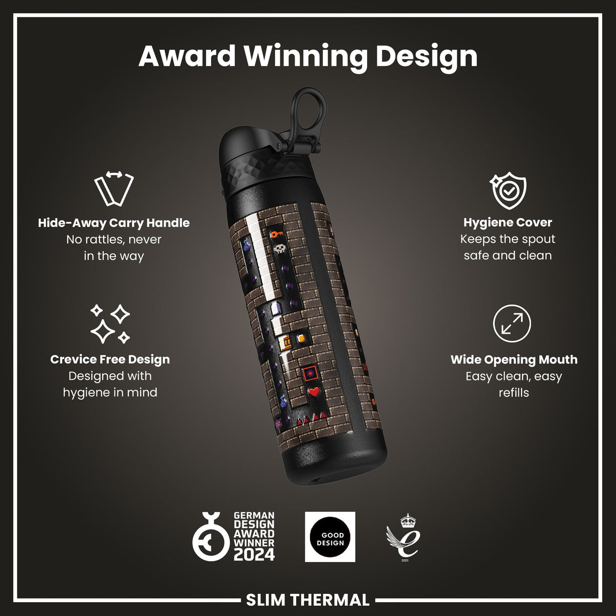 Leak Proof Slim Thermal Water Bottle, Insulated Steel, Gamer, 500ml (17oz)