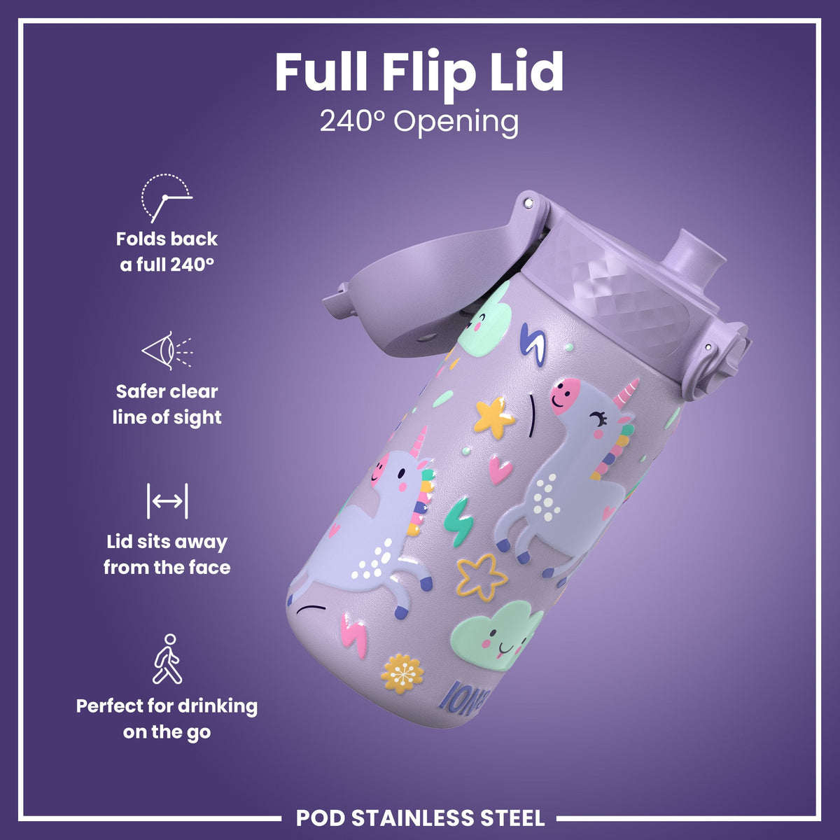 Leak Proof Kids Water Bottle, Stainless Steel, Purple Unicorns, 400ml (13oz)