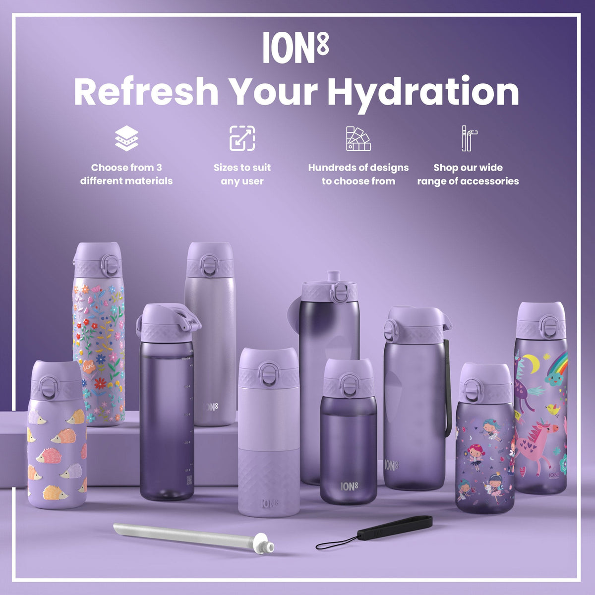 Leak Proof Kids Water Bottle, Stainless Steel, Purple Unicorns, 400ml (13oz)