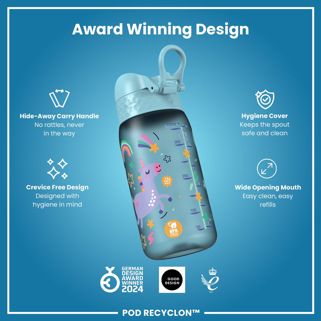 Leak Proof Kids Water Bottle, Recyclon, Blue Unicorns, 350ml (12oz)