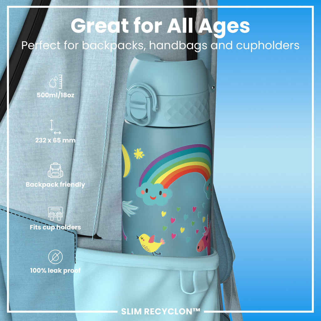Leak Proof Slim Water Bottle, Recyclon, Blue Unicorns, 500ml (18oz)