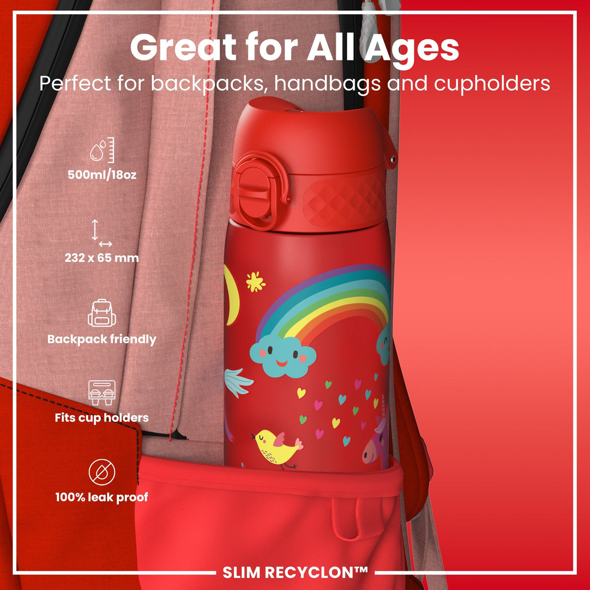 Leak Proof Slim Water Bottle, Recyclon, Red Unicorns, 500ml (18oz)