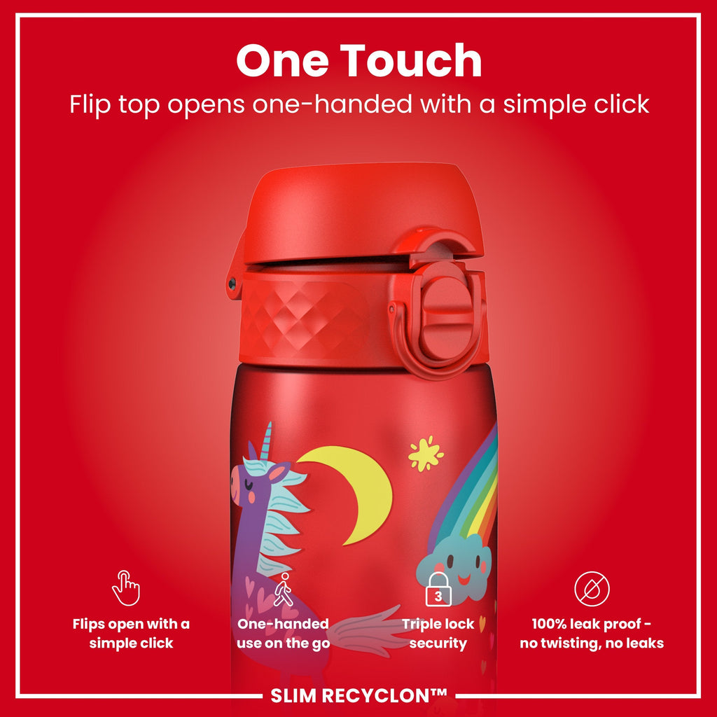 Leak Proof Slim Water Bottle, Recyclon, Red Unicorns, 500ml (18oz)
