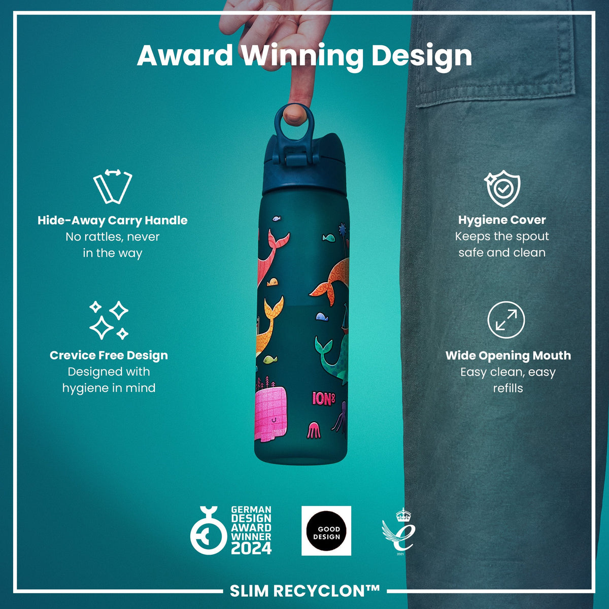 Leak Proof Slim Water Bottle, Recyclon, Whales, 500ml (18oz)