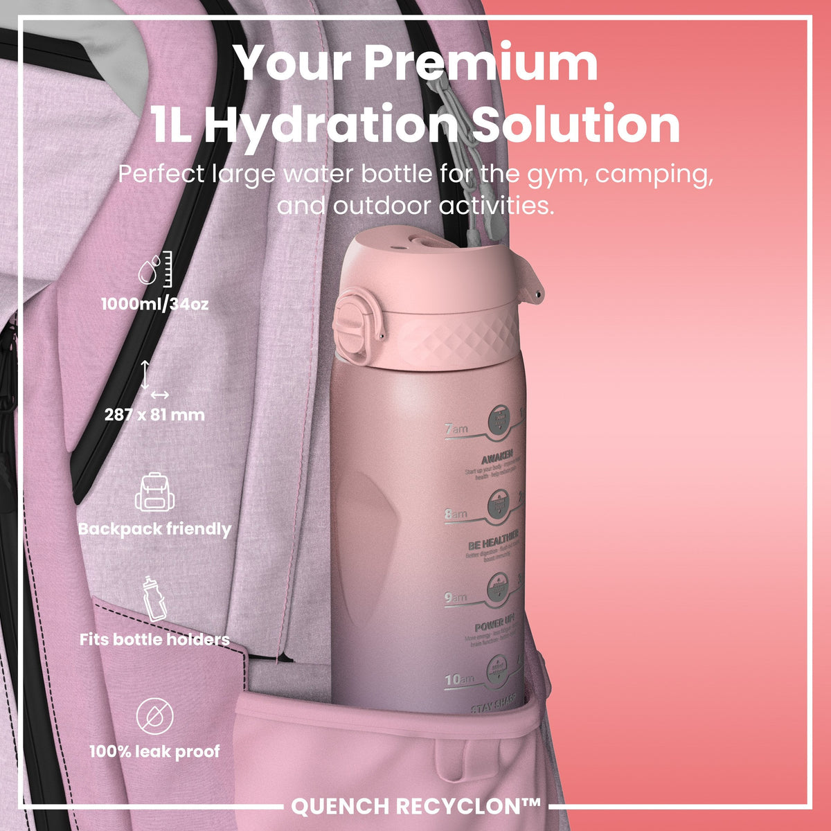 Leak Proof 1 Litre Water Bottle with Times to Drink, Recyclon, Purple & Rose, 1L