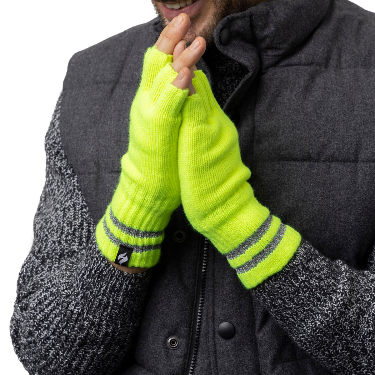 Mens Hi Vis Reflective Fleece Lined Thermal Winter Fingerless Gloves