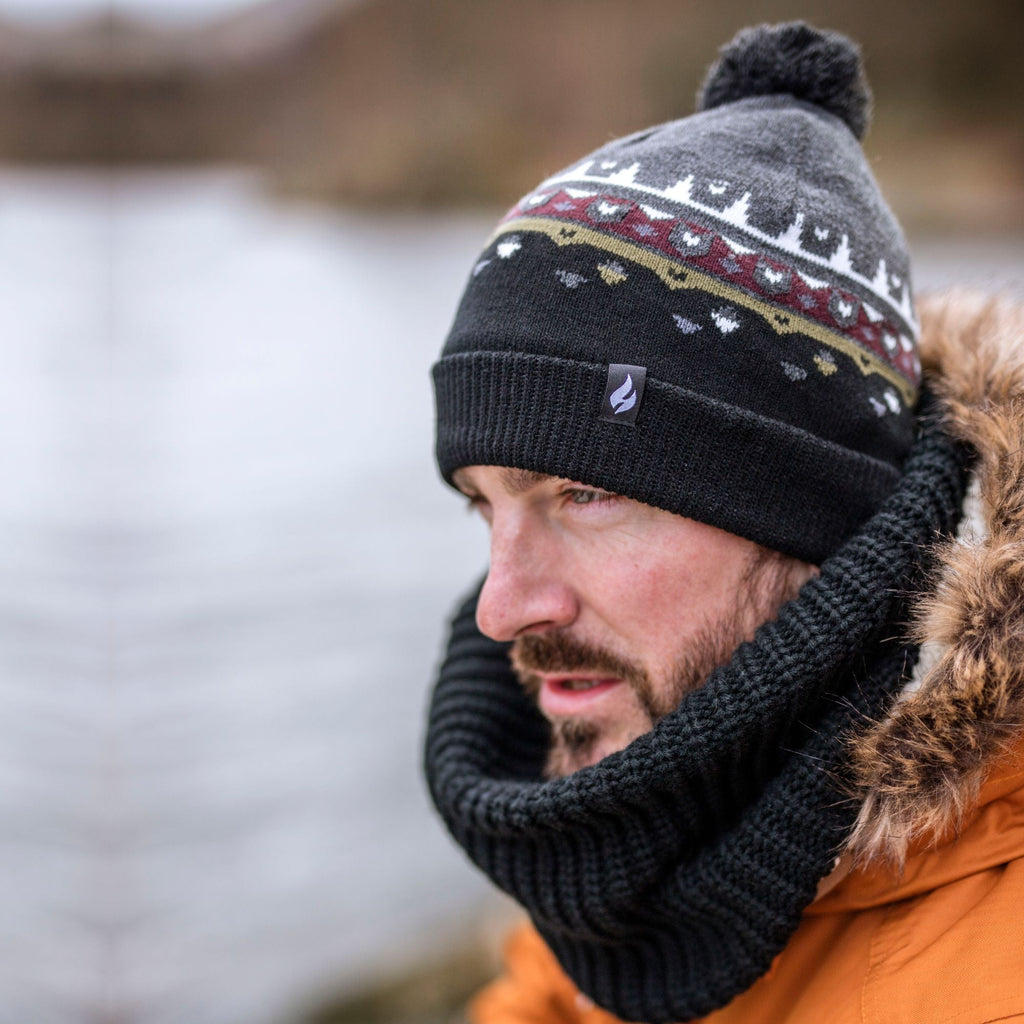 Mens Thin Patterned Knit Fleece Lined Pom Pom Hat for Winter