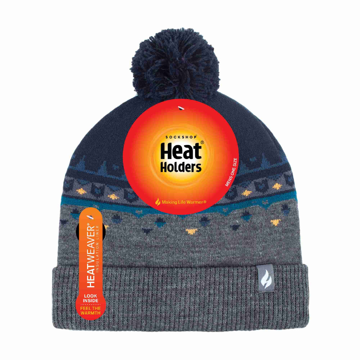 Mens Thin Patterned Knit Fleece Lined Pom Pom Hat for Winter