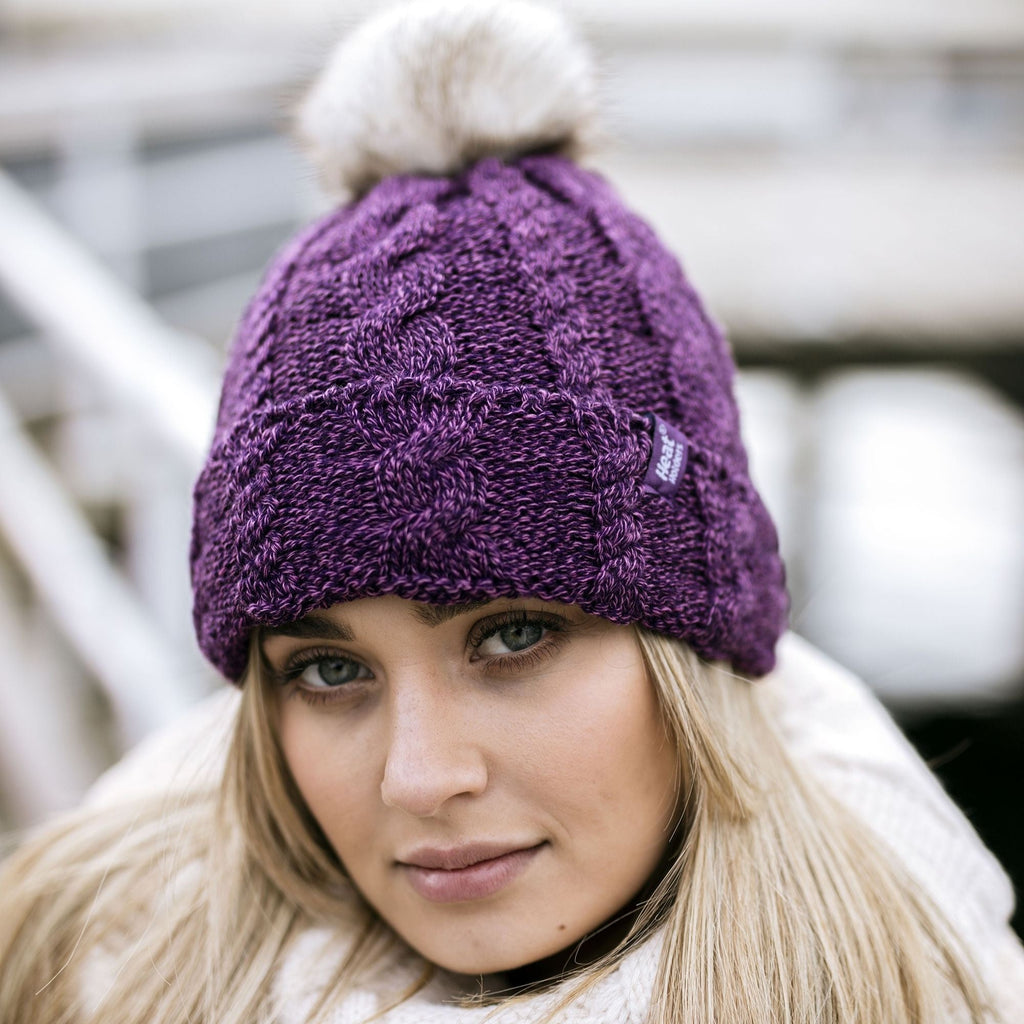 Ladies Cable Knit Fleece Lined Thermal Winter Bobble Hat with Pom Pom
