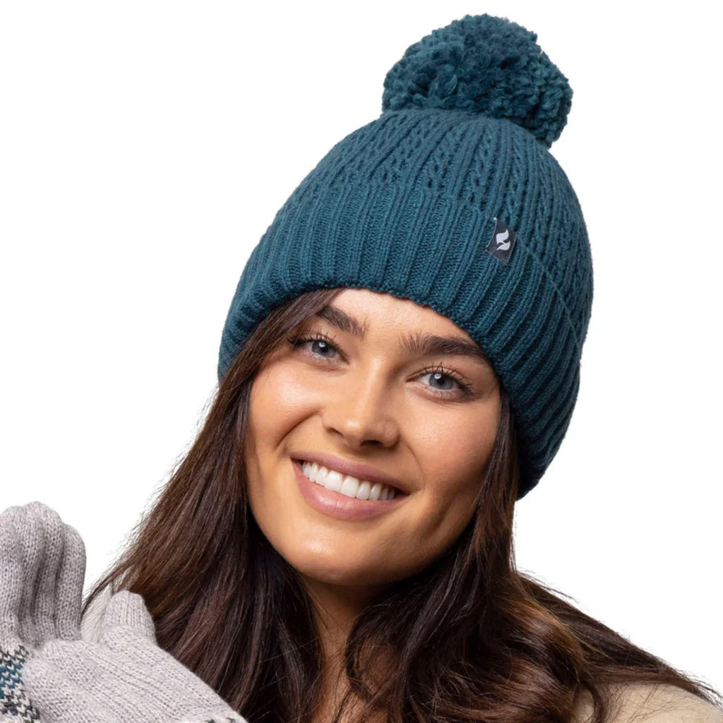 Ladies Winter Ribbed Thermal Cable Knit Beanie Pom Pom Hat