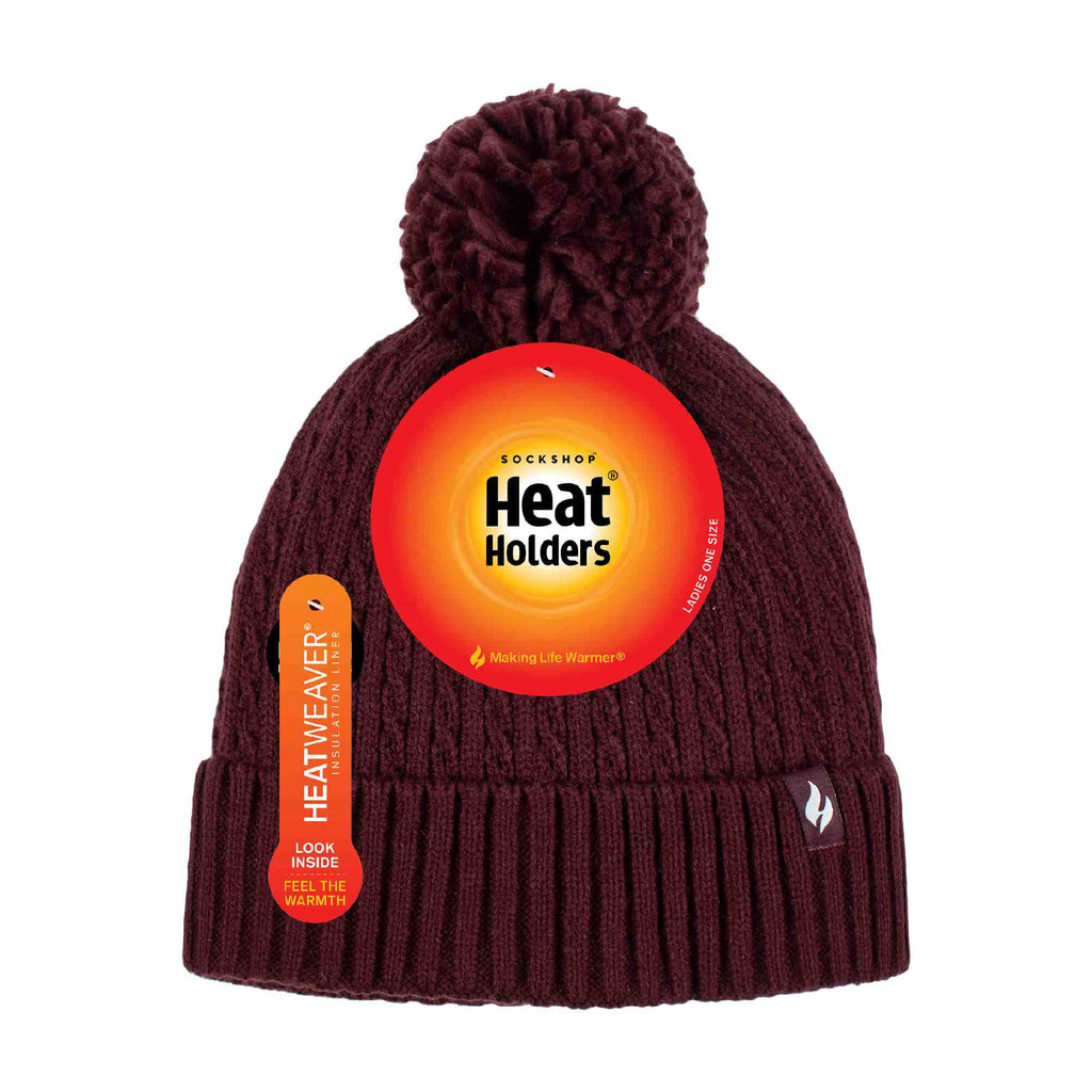 Ladies Winter Ribbed Thermal Cable Knit Beanie Pom Pom Hat