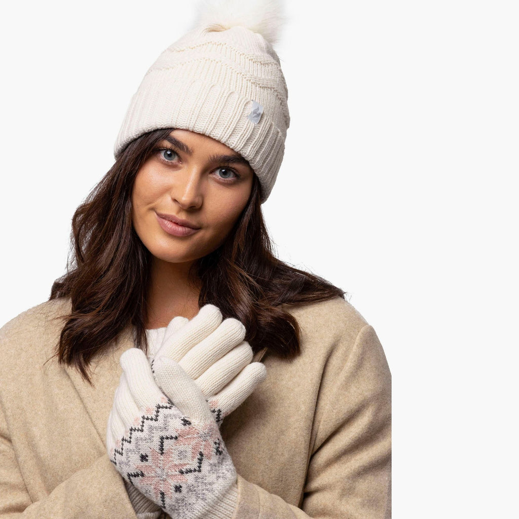 Ladies Zig Zag Turnover Thermal Pom Pom Hat for Winter