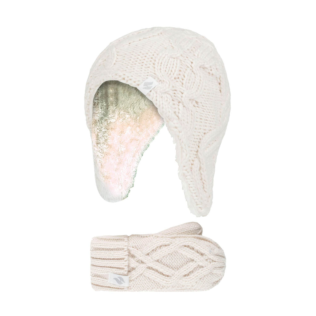 Girls Cable Knitted Design Trapper Hat & Mittens Set