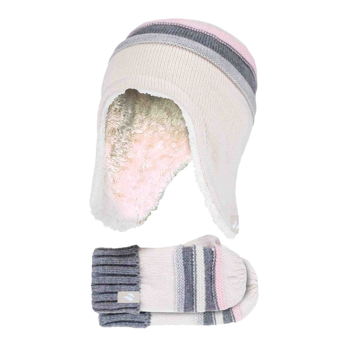 Girls Winter Thermal Beanie Hat with Ear Flaps & Mittens Gloves Set