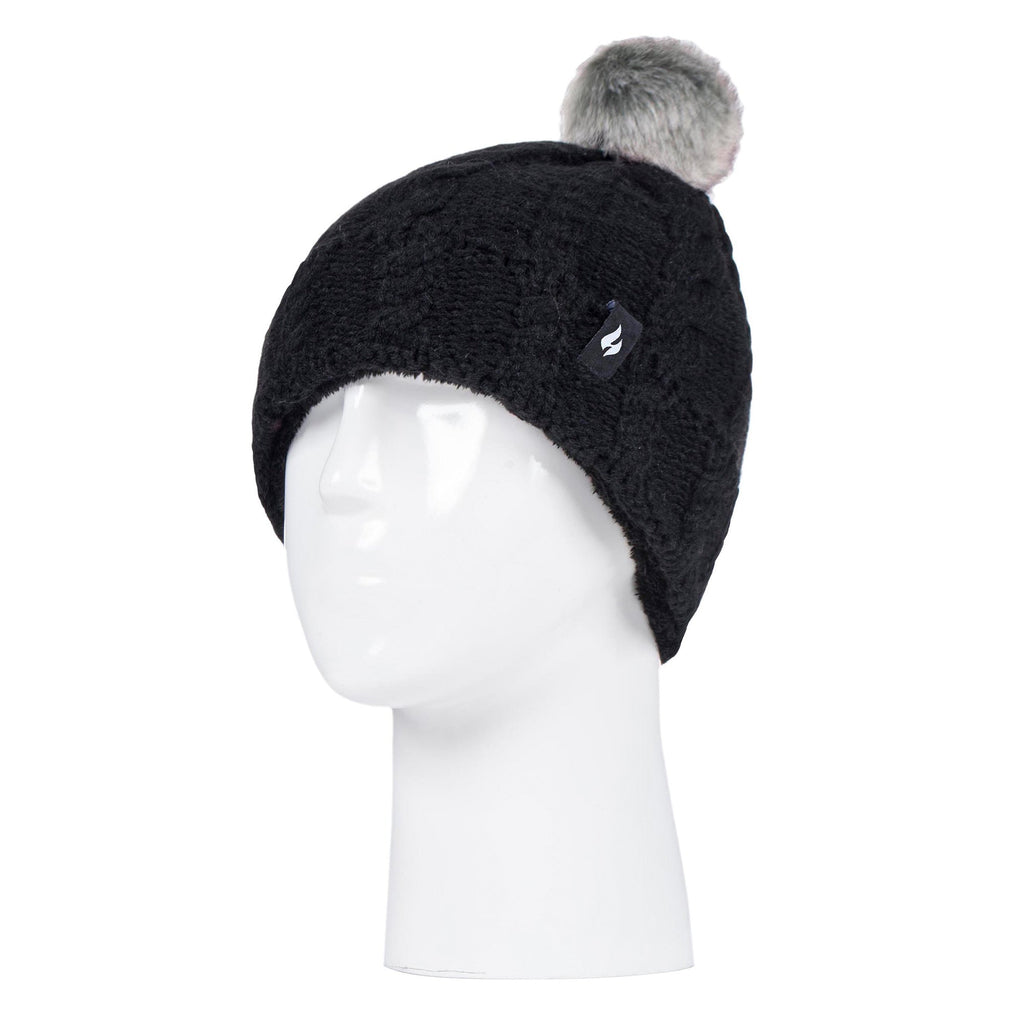 Girls Cable Knit Bobble Pom Pom Thermal Hat & Gloves Set