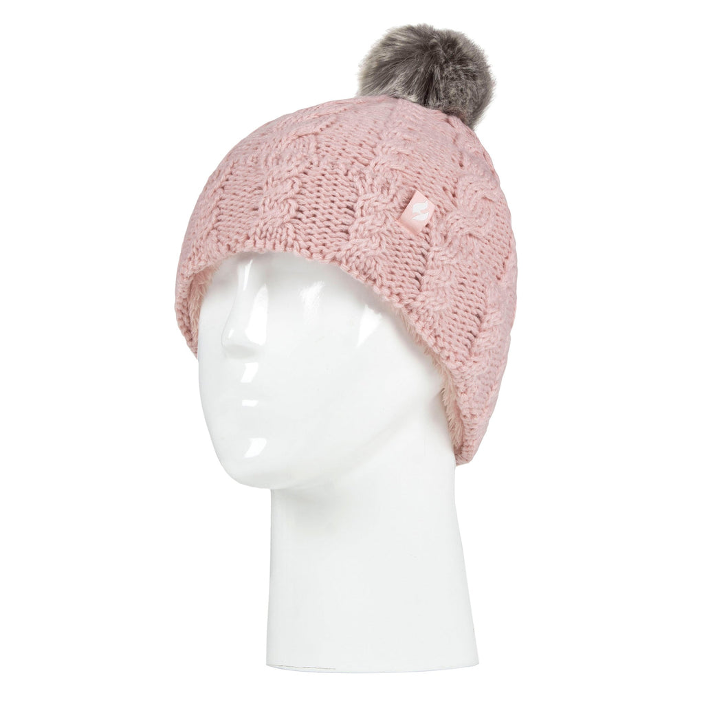 Girls Cable Knit Bobble Pom Pom Thermal Hat & Gloves Set