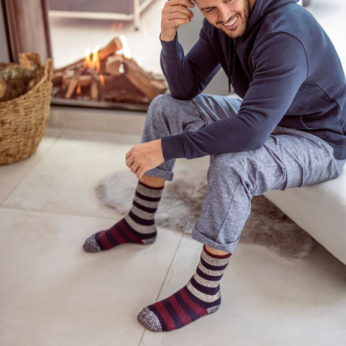 Mens Fleece Lined Non Slip Thick Striped Slipper Socks