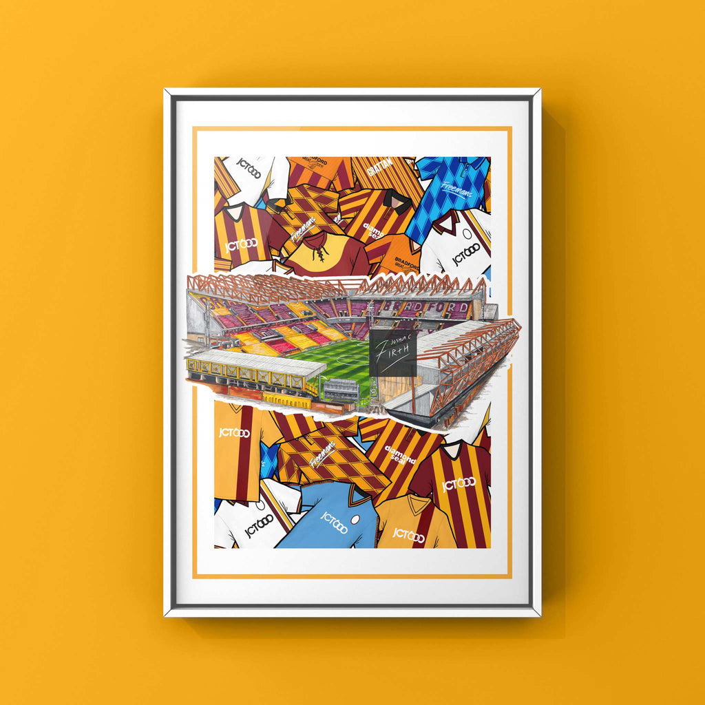 Bradford Kit Collage Retro Shirts & Stadium Football Print