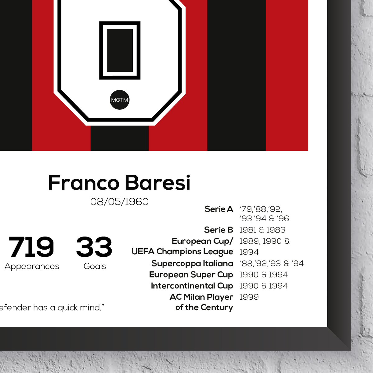 Franco Baresi Legend Stats Football Print