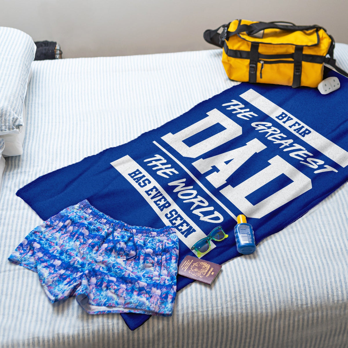 By Far The Greatest Dad - Blue - Lightweight, Microfibre Retro Beach Towel - 150cm x 75cm