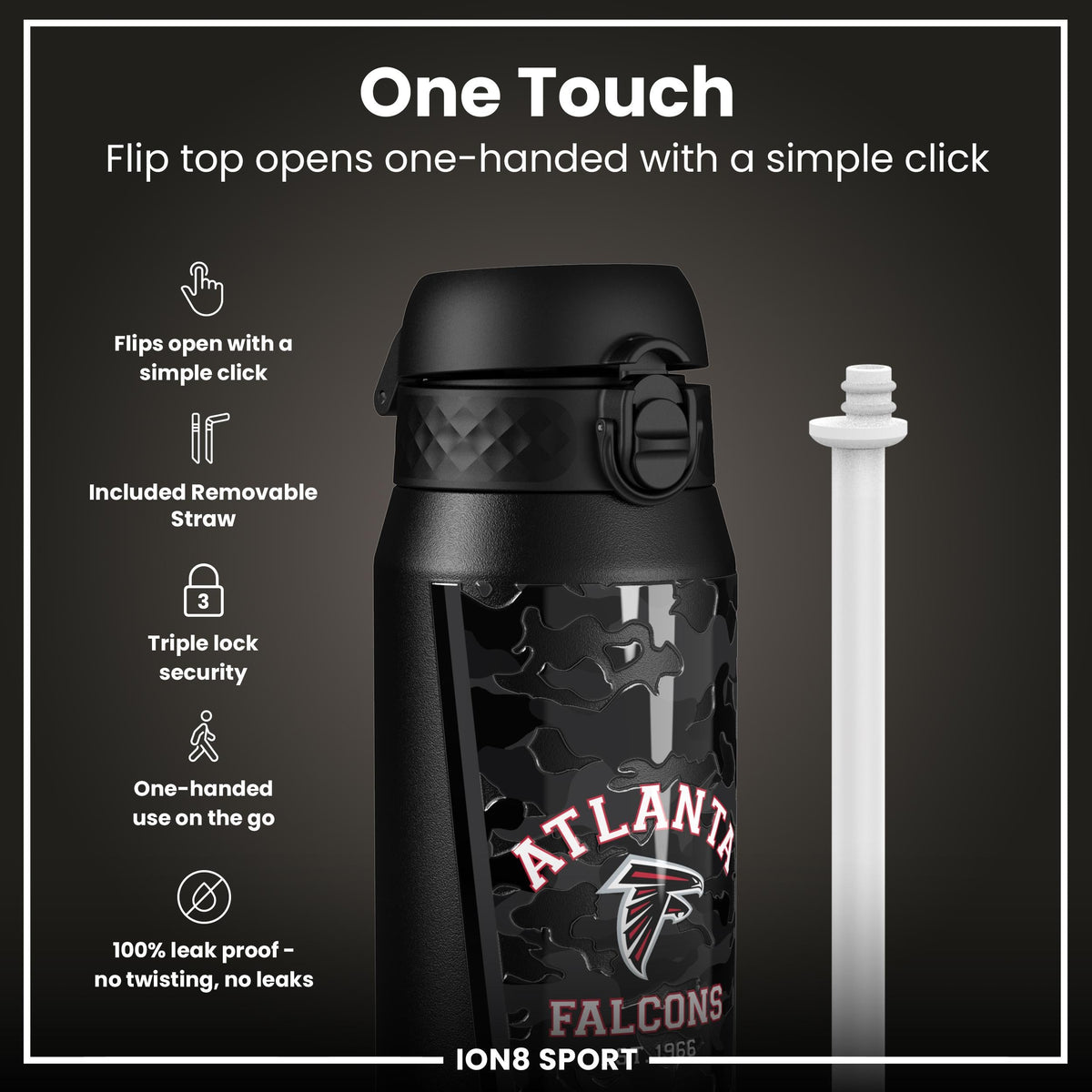 NFL x ION8 Insulated Steel Water Bottle, NFL Falcons, 750ml (24oz)